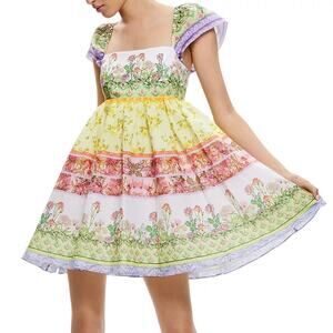 Alice + Olivia Tamia Puff Sleeve Babydoll Mini Dress Floral Cotton Voile Sz 4